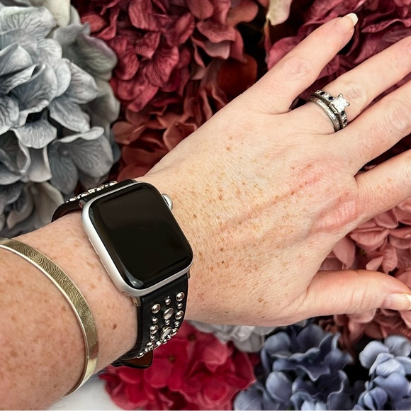 Black Studded Leather Punk Rock Apple Watchband - Picture 5 of 16